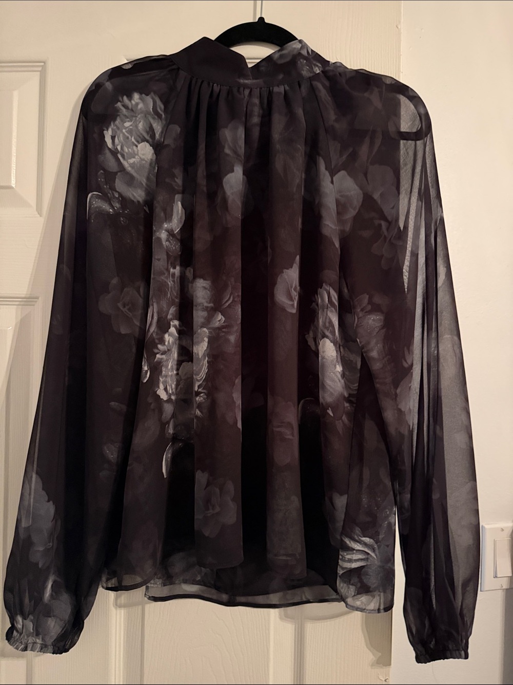 White House Black Market Black Sheer Floral Long-Sleeve Blouse